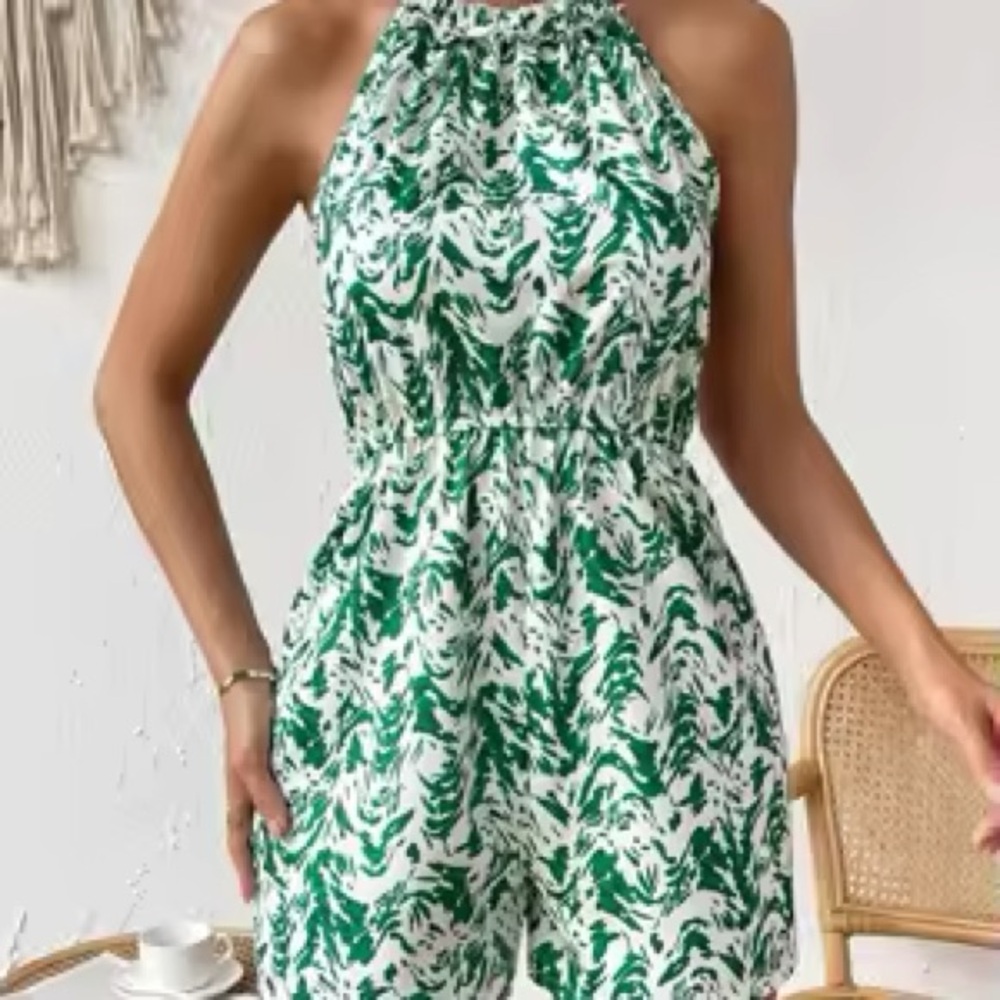 High Neck Tropical Halter Romper